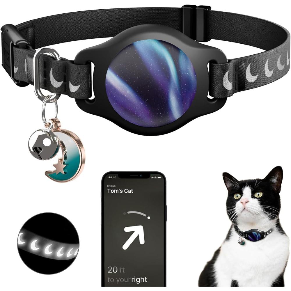 image:imageCat Collar with Airtag Holder Breakaway Airtag Cat Collar for Apple Air Tag with Luminous amp Reflective Pattern Waterproof GPS Cat Tracker Collars for Boy Girl Cats Kittens with Bell Black 812Black