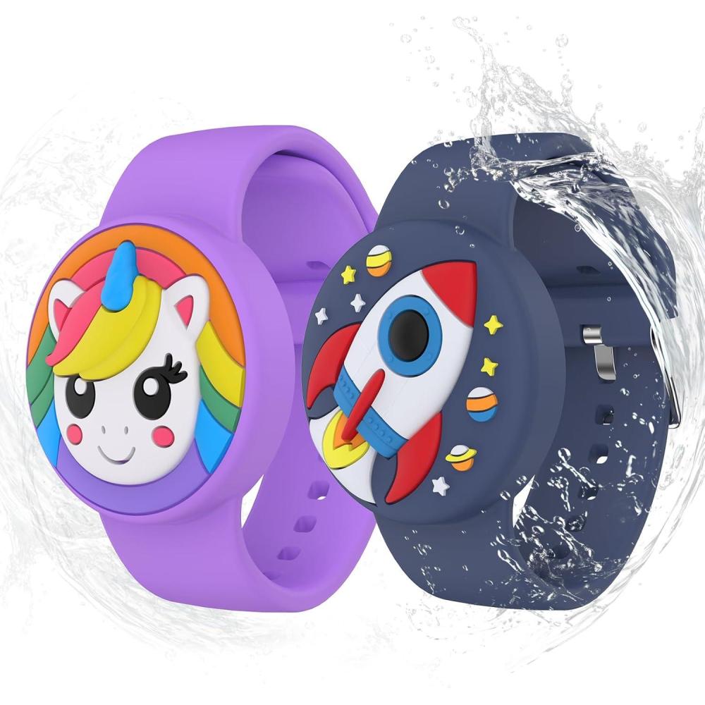 image:imageWaterproof Airtag Bracelets for Kids  2 Pack Soft Silicone Hidden Airtag Wristband  Lightweight GPS Tracker Holder Compatible with Apple Airtag Band for ChildButterflyCatRocketPurple