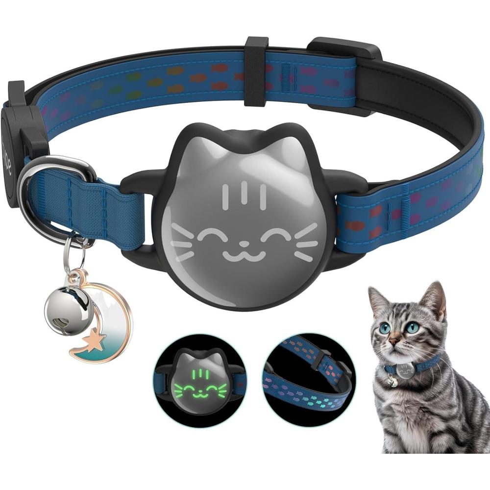 image:imageWaterproof Airtag Cat Collar Breakaway Cat Airtag Collar with Luminous amp Reflective Fish Pattern Lightweight Kitten Collars for Apple Air tag Hidden GPS Tracker Holder for Cats Kittens913Cyan Blue