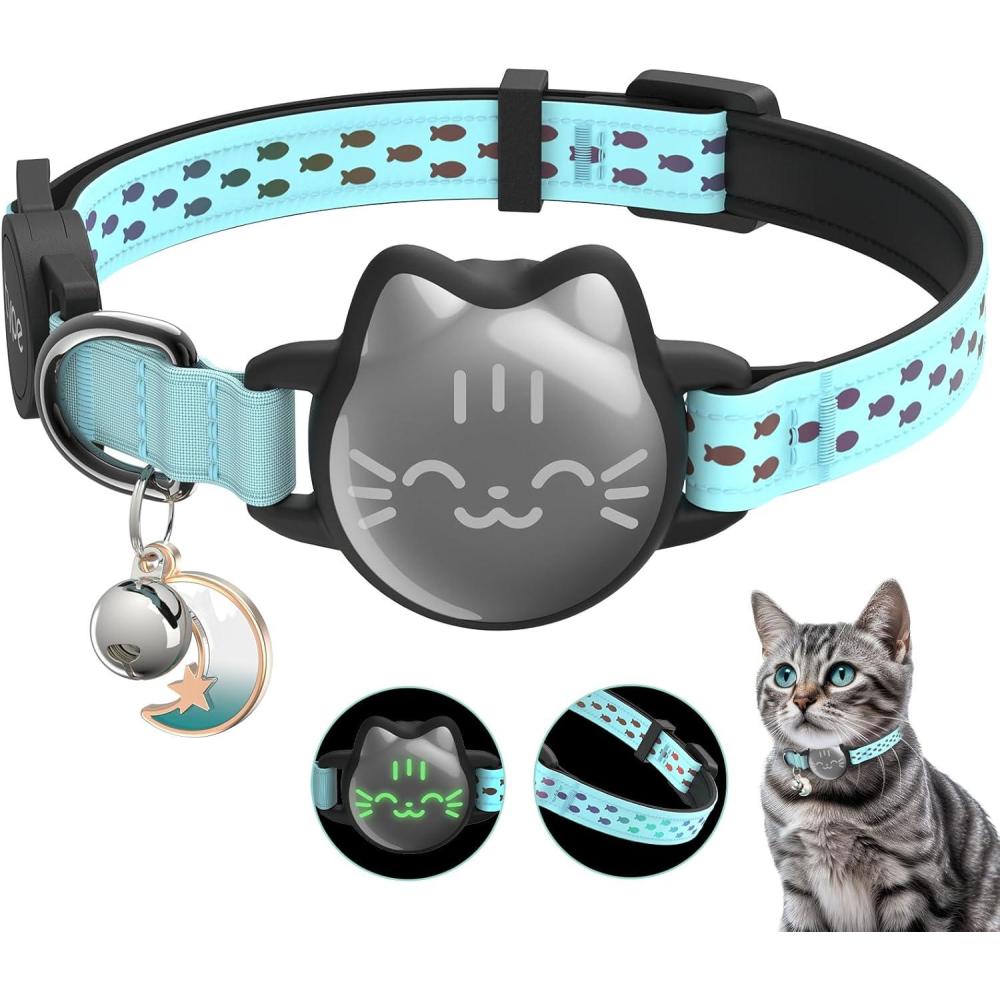 image:imageWaterproof Airtag Cat Collar Breakaway Cat Airtag Collar with Luminous amp Reflective Fish Pattern Lightweight Kitten Collars for Apple Air tag Hidden GPS Tracker Holder for Cats Kittens913Mint Green