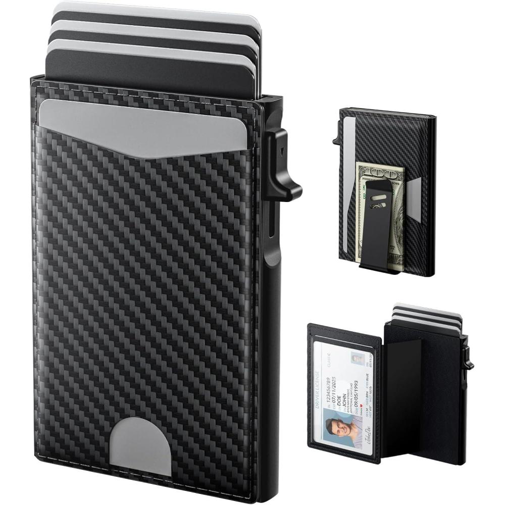 image:imagetypecase Flip Pop Up Wallet for Men Card Holder Smart Privacy amp lD Display Mode RFID Blocking Slim Genuine Leather Minimalist Front Pocket  8 Cards Capacity  ID Window  Money Clip BlackCarbon Fiber