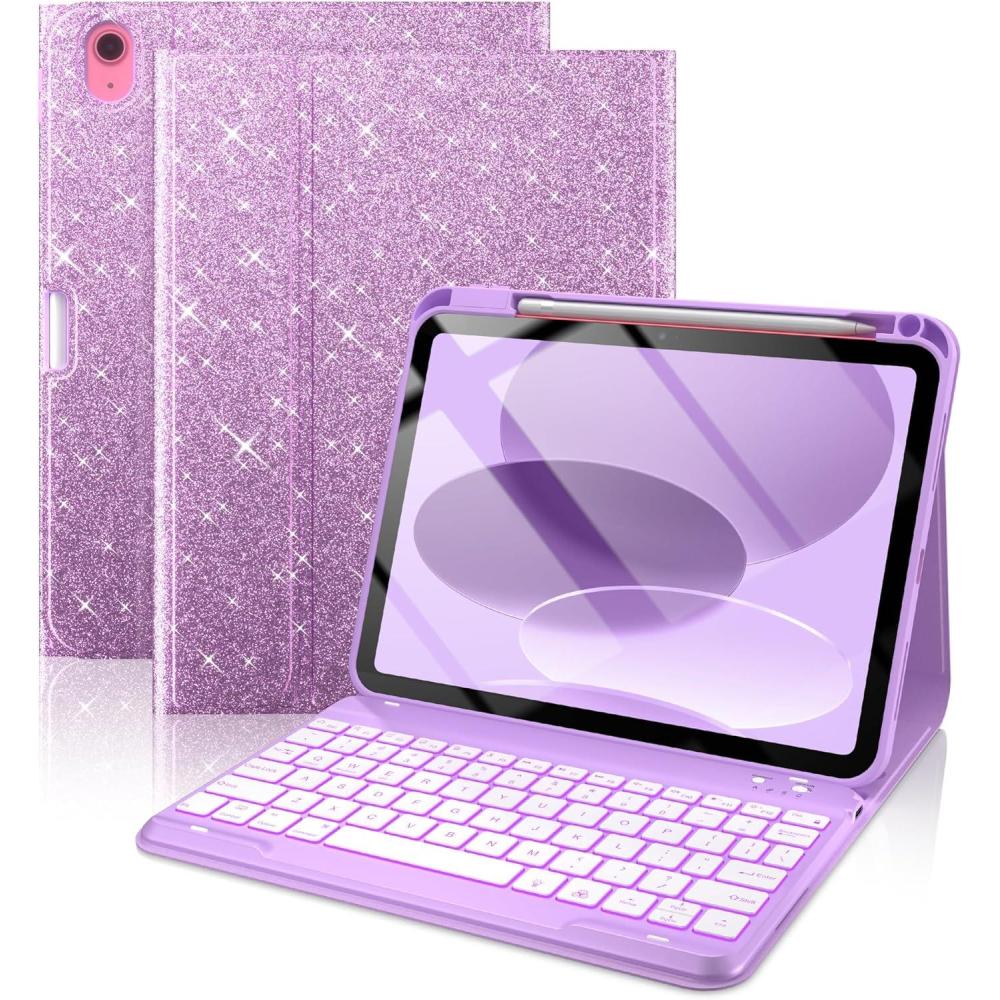 image:imagetypecase Folio Keyboard Case for iPad 10th Gen 109 inch 2022 and iPad 11th A16 2025 Magnetic Wireless Detachable Keyboard 7Color Backlight Thin amp Light Pencil Holder  Matcha Green Purple Glitter
