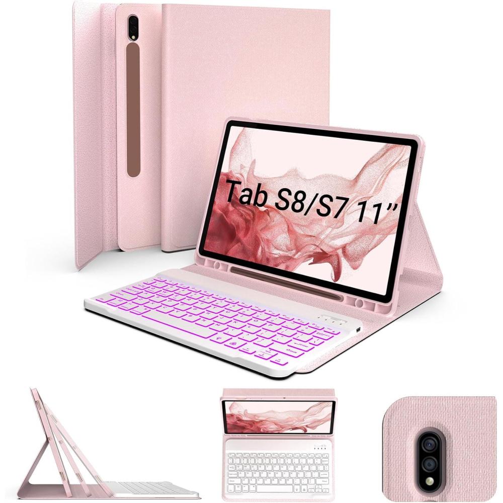 image:imagetypecase Keyboard Case for Galaxy Tab S8Tab S7 11 inch SMX700X706T870T875T878 Slim Protective Cover 7 Colors Backlit Wireless Detachable Keyboard with S Pen Holder Pink