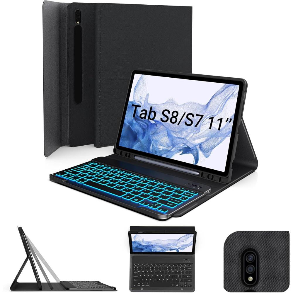 image:imagetypecase Keyboard Case for Samsung Tab S8Tab S7 11 inch SMX700X706T870T875T878 Slim Leather Folio Stand Cover 7 Colors Backlit Wireless Detachable Keyboard with S Pen Holder Black