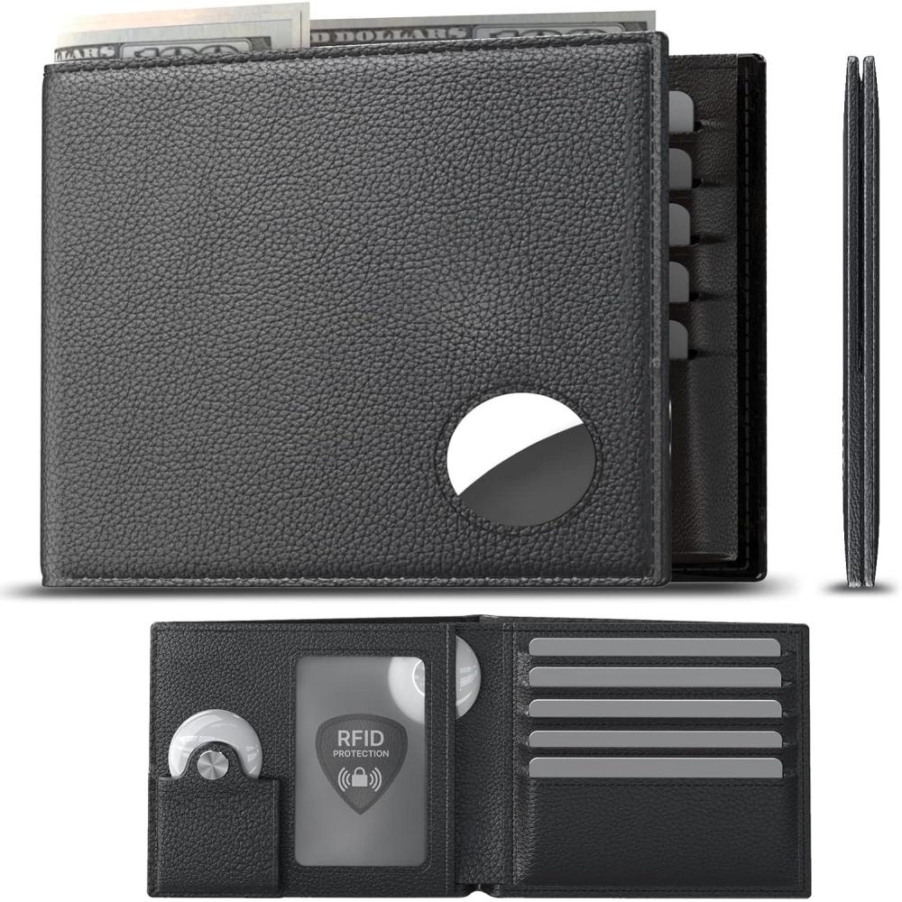 image:imagetypecase Mens Leather Wallet with AirTag Holder Hidden Pocket Compatible with Apple Air TagTop Grain Leather Bifold Slim RFID Blocking  10 Card Capacity  Bill Divider  ID Window BlackBlack