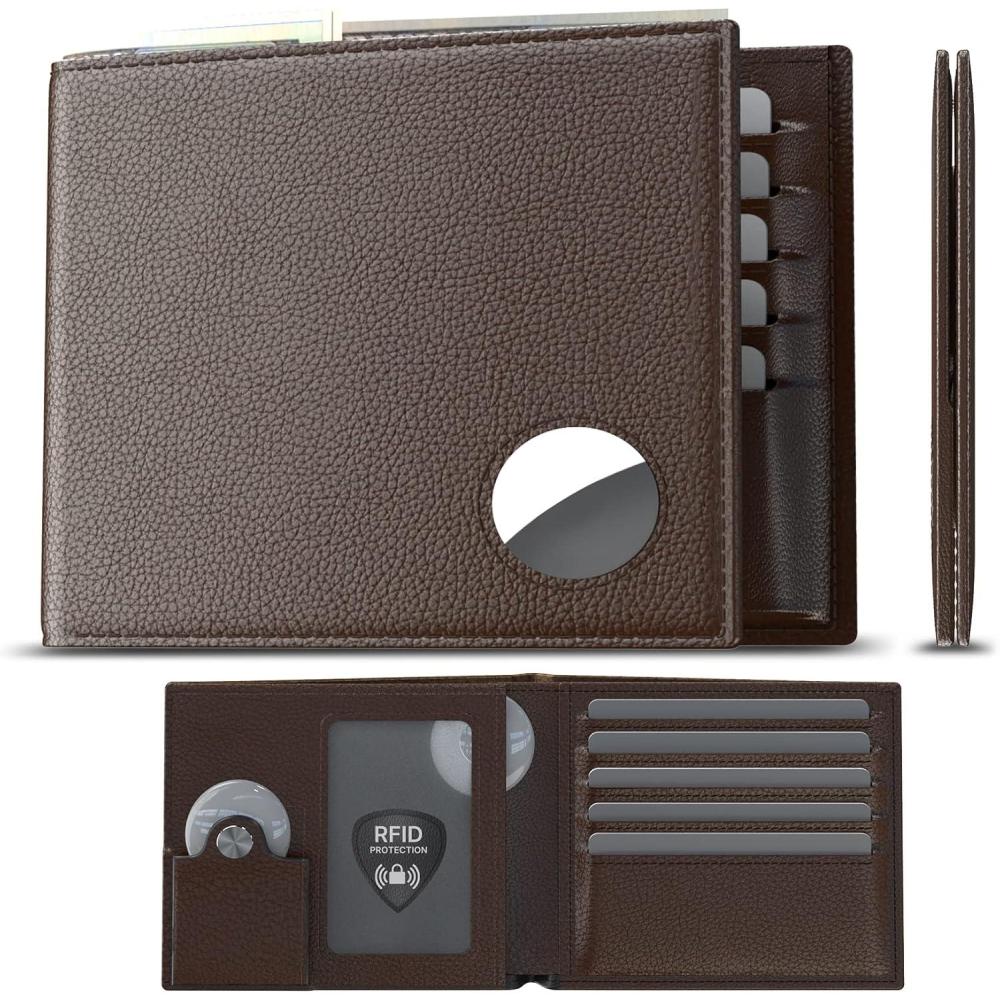 image:imagetypecase Mens Leather Wallet with AirTag Holder Hidden Pocket Compatible with Apple Air TagTop Grain Leather Bifold Slim RFID Blocking  10 Card Capacity  Bill Divider  ID Window BlackBrown