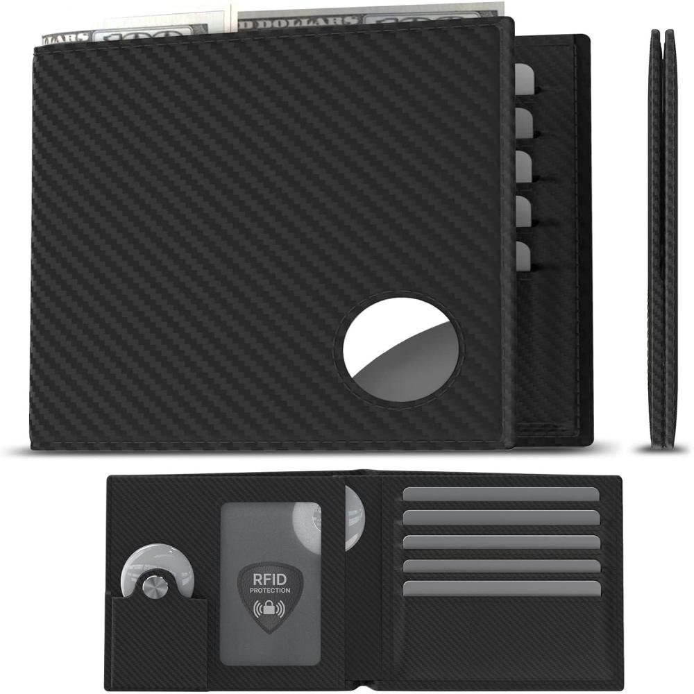 image:imagetypecase Mens Leather Wallet with AirTag Holder Hidden Pocket Compatible with Apple Air TagTop Grain Leather Bifold Slim RFID Blocking  10 Card Capacity  Bill Divider  ID Window BlackCarbon Fiber Black