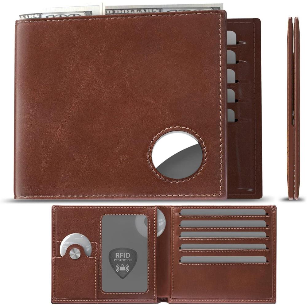 image:imagetypecase Mens Leather Wallet with AirTag Holder Hidden Pocket Compatible with Apple Air TagTop Grain Leather Bifold Slim RFID Blocking  10 Card Capacity  Bill Divider  ID Window BlackOil Wax Brown