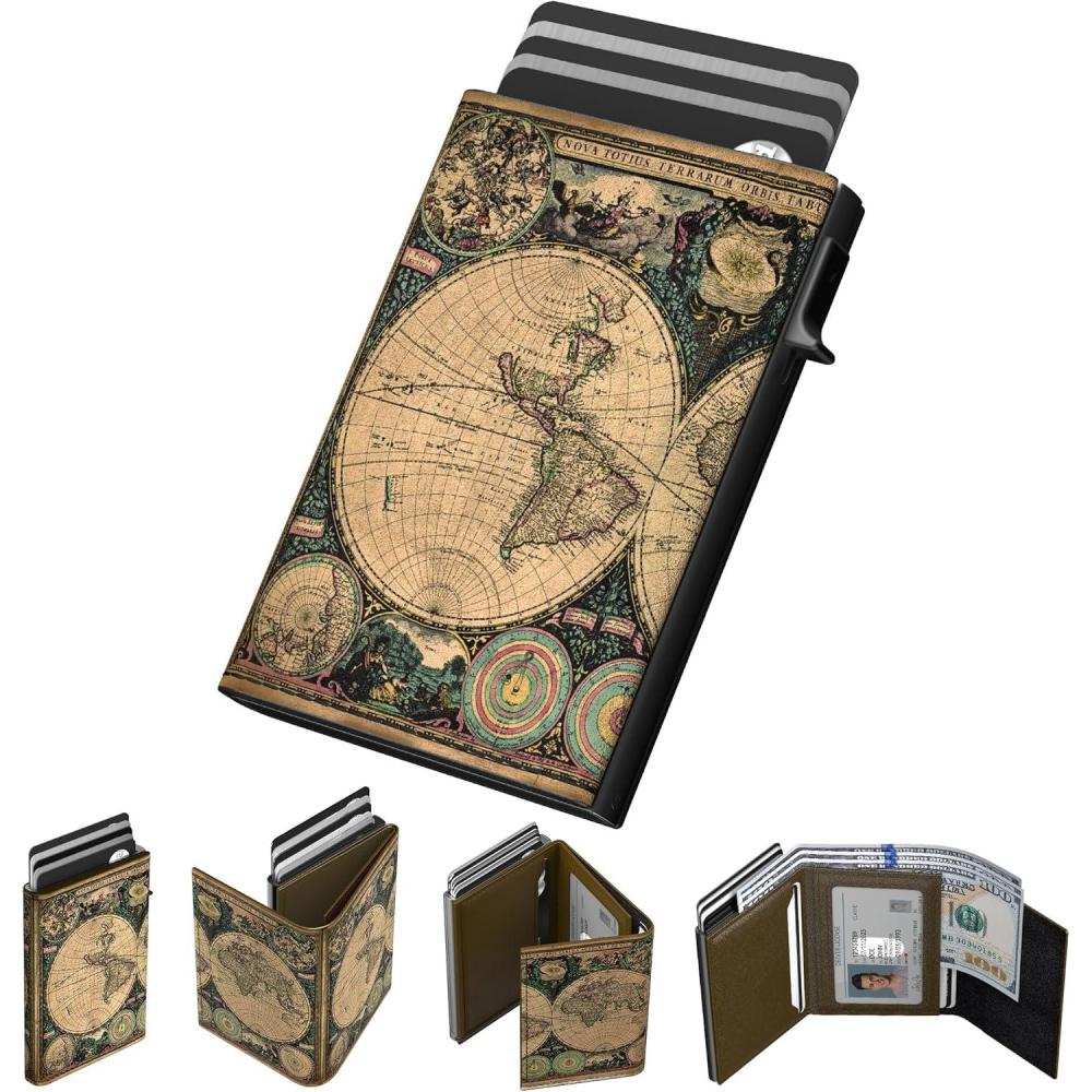 image:imagetypecase Mens Wallet Card Holder Pop Up Aluminum Case Genuine Leather Smart RFID Blocking Slim Minimalist Front Pocket  914 Card Capacity  ID Window  Cash Slot Black Brown        Map