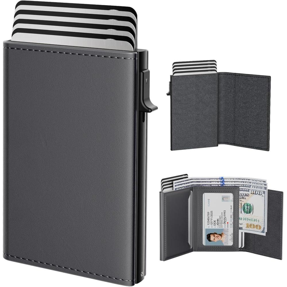 image:imagetypecase Mens Wallet Card Holder Pop Up Aluminum Case Genuine Leather Smart RFID Blocking Slim Minimalist Front Pocket  914 Card Capacity  ID Window  Cash Slot Black BrownDeep Grey