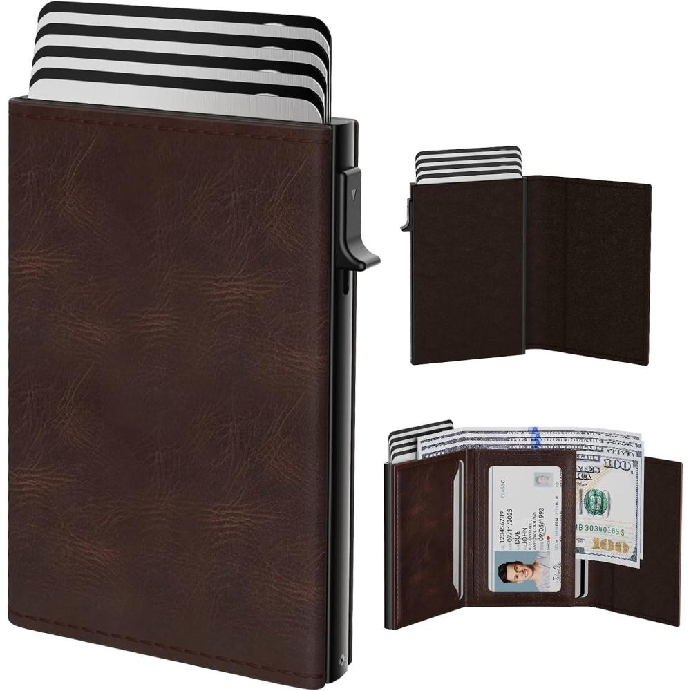 image:imagetypecase Mens Wallet Card Holder Pop Up Aluminum Case Genuine Leather Smart RFID Blocking Slim Minimalist Front Pocket  914 Card Capacity  ID Window  Cash Slot Black BrownWax Oil Brown