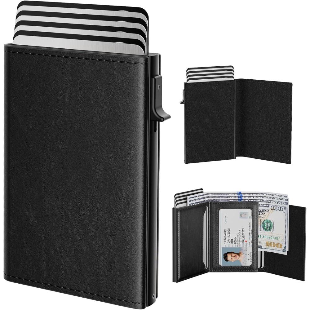 image:imagetypecase Mens Wallet Card Holder Pop Up Aluminum Case Genuine Leather Smart RFID Blocking Slim Minimalist Front Pocket  914 Card Capacity  ID Window  Cash Slot Black BrownWax Oil Black