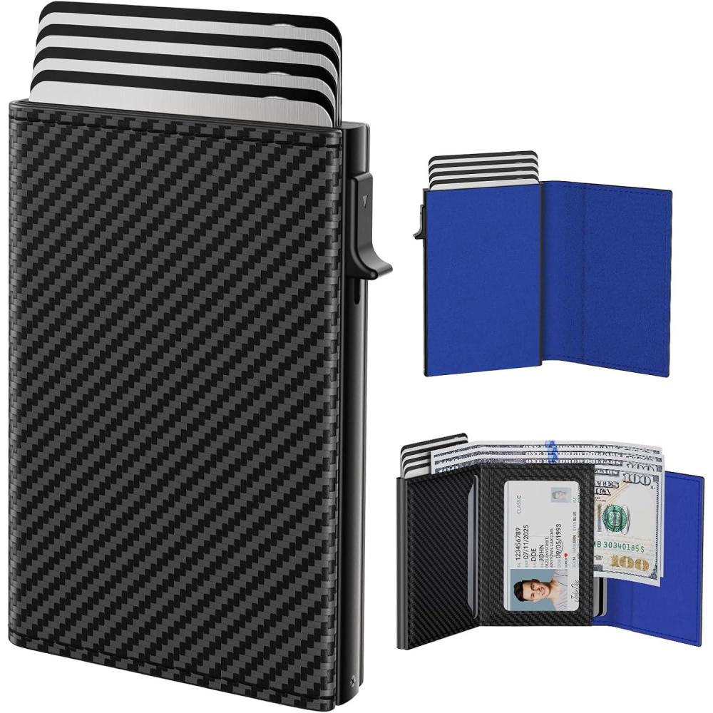 image:imagetypecase Mens Wallet Card Holder Pop Up Aluminum Case Genuine Leather Smart RFID Blocking Slim Minimalist Front Pocket  914 Card Capacity  ID Window  Cash Slot Black BrownCarbon Fiber Blue