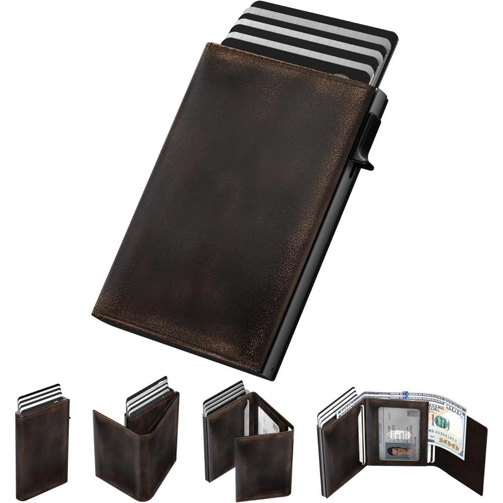 image:imagetypecase Mens Wallet Card Holder Pop Up Aluminum Case Genuine Leather Smart RFID Blocking Slim Minimalist Front Pocket  914 Card Capacity  ID Window  Cash Slot Black Brown   Burnished Black