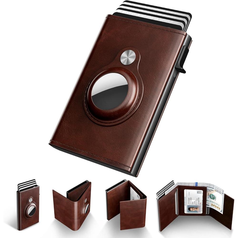image:imagetypecase Mens Wallet Card Holder for AirTag Leather Smart Wallet for Men Compatible with Apple Air Tag RFID Blocking Slim Minimalist  914 Card Capacity  ID Window  Cash Slot NavyBrown