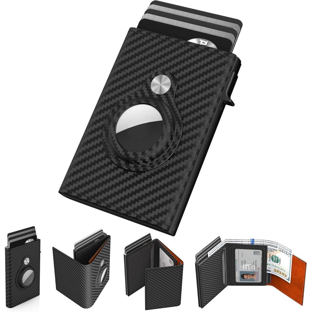 image:imagetypecase Mens Wallet Card Holder for AirTag Leather Smart Wallet for Men Compatible with Apple Air Tag RFID Blocking Slim Minimalist  914 Card Capacity  ID Window  Cash Slot NavyCarbon Fiber Orange