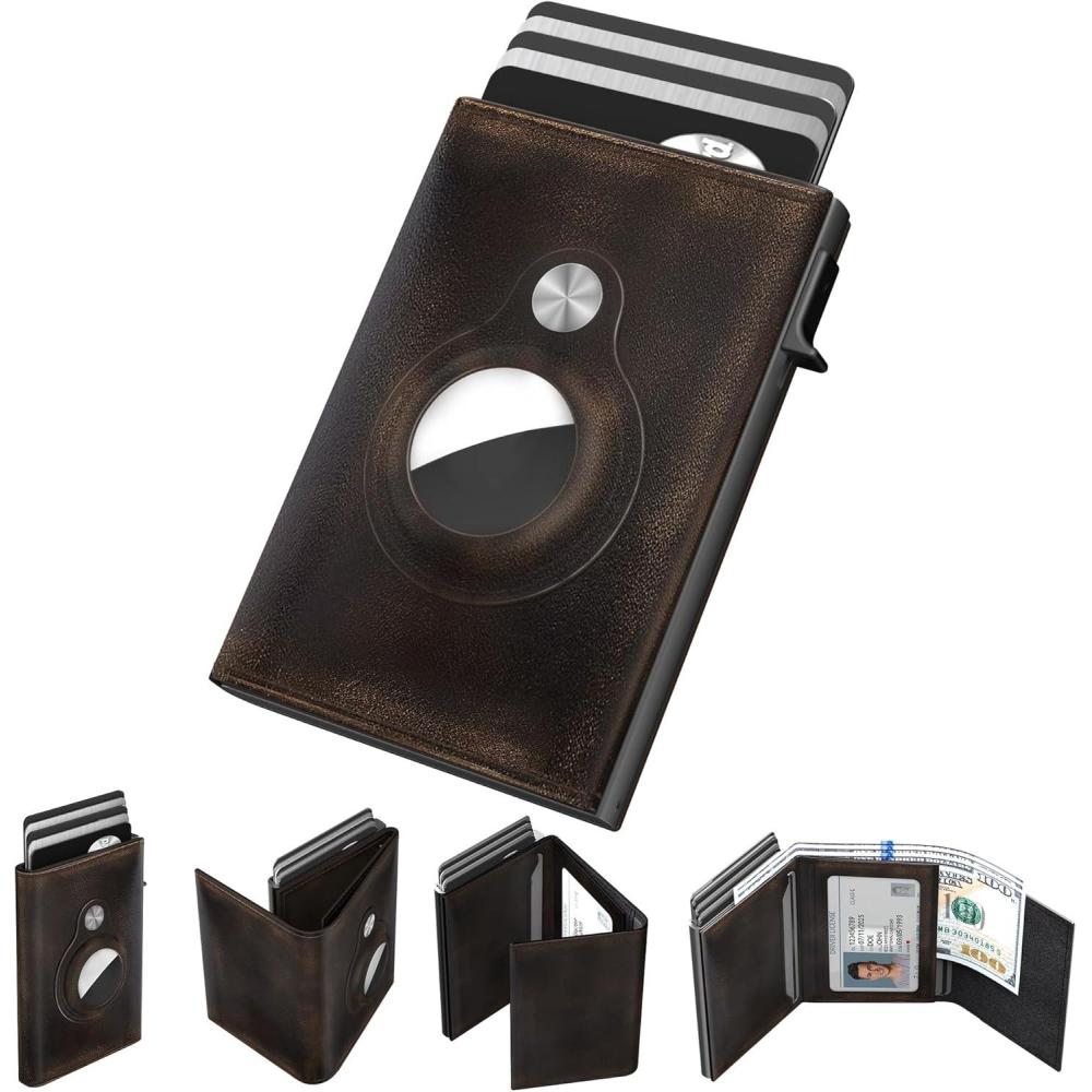 image:imagetypecase Mens Wallet Card Holder for AirTag Leather Smart Wallet for Men Compatible with Apple Air Tag RFID Blocking Slim Minimalist  914 Card Capacity  ID Window  Cash Slot NavyWade Black Vintage