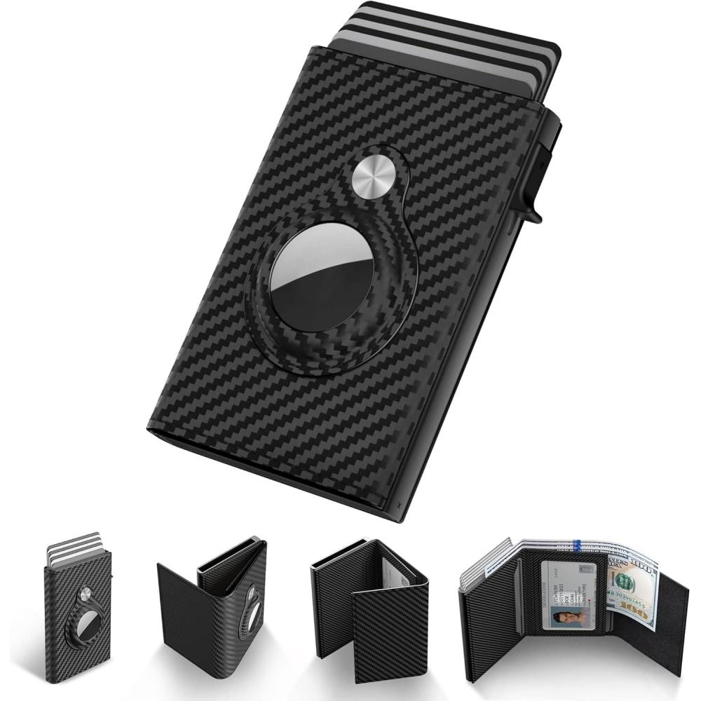 image:imagetypecase Mens Wallet Card Holder for AirTag Leather Smart Wallet for Men Compatible with Apple Air Tag RFID Blocking Slim Minimalist  914 Card Capacity  ID Window  Cash Slot NavyCarbon Fiber Black