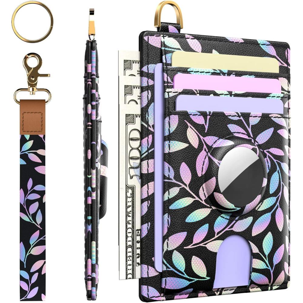 image:imagetypecase Slim Minimalist Airtag Card Wallet for Men Front Pocket Premium Crazy Horse Leather Wallet with Airtag Holder RFID Blocking Cash Credit Card Wallet Compatible with AirTag BlackViolet