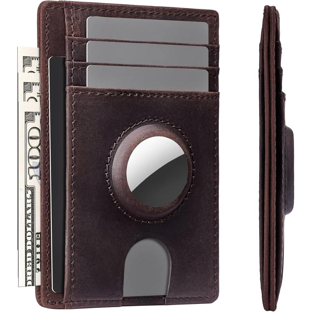 image:imagetypecase Slim Minimalist Airtag Card Wallet for Men Front Pocket Premium Crazy Horse Leather Wallet with Airtag Holder RFID Blocking Cash Credit Card Wallet Compatible with AirTag BlackDark Brown