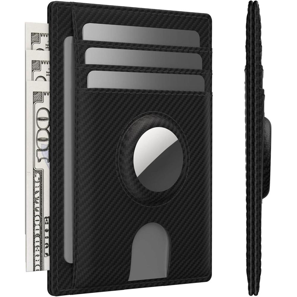 image:imagetypecase Slim Minimalist Airtag Card Wallet for Men Front Pocket Premium Crazy Horse Leather Wallet with Airtag Holder RFID Blocking Cash Credit Card Wallet Compatible with AirTag BlackCarbon Fiber Black