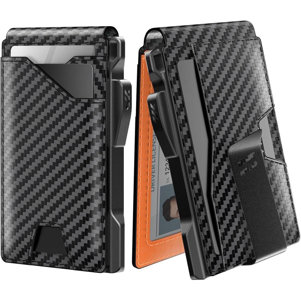 image:imagetypecase Tactical Wallet for Men Card Holder Pop Up Card Case Genuine Leather Smart RFID Blocking Slim Minimalist Thin Front Pocket  913 Card Capacitiy ID Window Money Clip BrownCarbon Fiber Orange