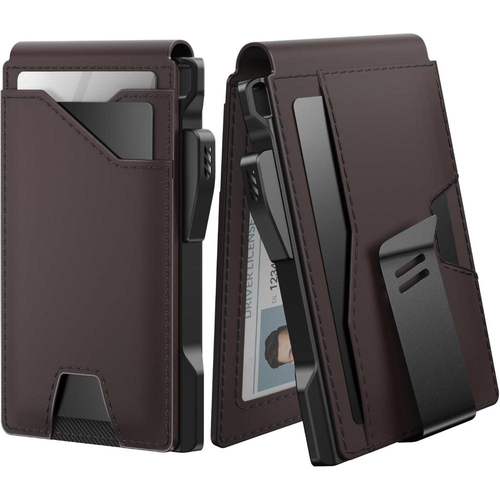 image:imagetypecase Tactical Wallet for Men Card Holder Pop Up Card Case Genuine Leather Smart RFID Blocking Slim Minimalist Thin Front Pocket  913 Card Capacitiy ID Window Money Clip BrownDark Brown