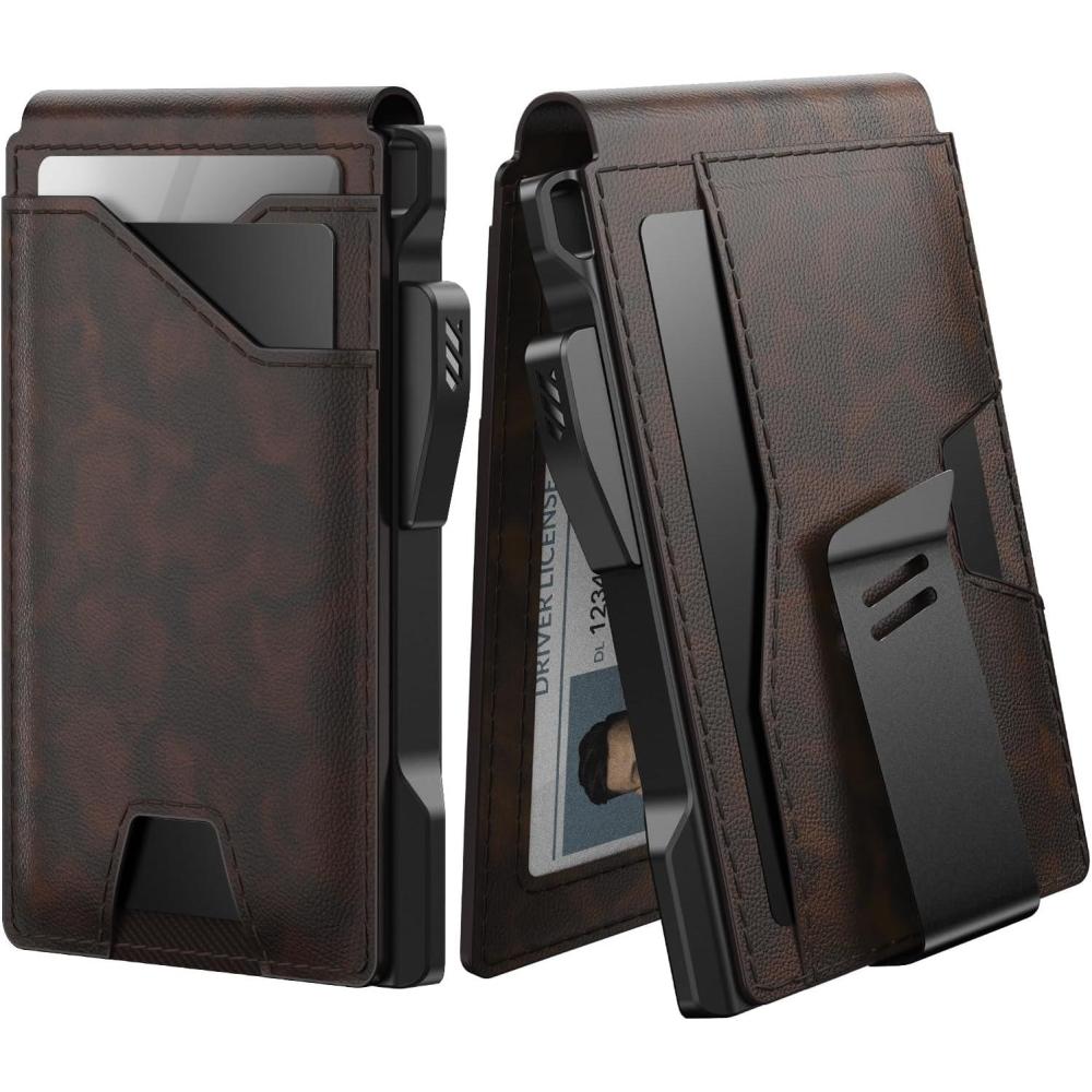 image:imagetypecase Tactical Wallet for Men Card Holder Pop Up Card Case Genuine Leather Smart RFID Blocking Slim Minimalist Thin Front Pocket  913 Card Capacitiy ID Window Money Clip BrownDeep Brown