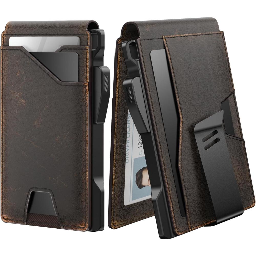 image:imagetypecase Tactical Wallet for Men Card Holder Pop Up Card Case Genuine Leather Smart RFID Blocking Slim Minimalist Thin Front Pocket  913 Card Capacitiy ID Window Money Clip BrownBurnished Black