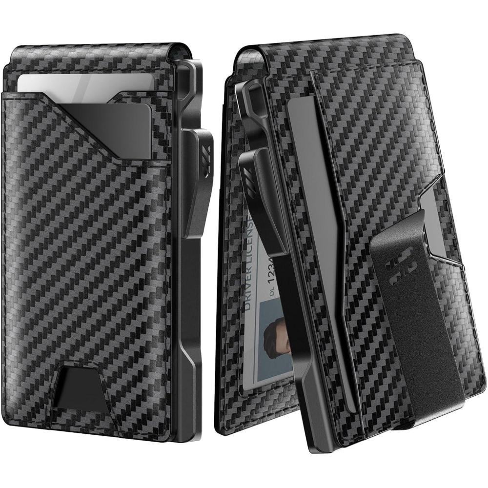 image:imagetypecase Tactical Wallet for Men Card Holder Pop Up Card Case Genuine Leather Smart RFID Blocking Slim Minimalist Thin Front Pocket  913 Card Capacitiy ID Window Money Clip BrownCarbon Fiber