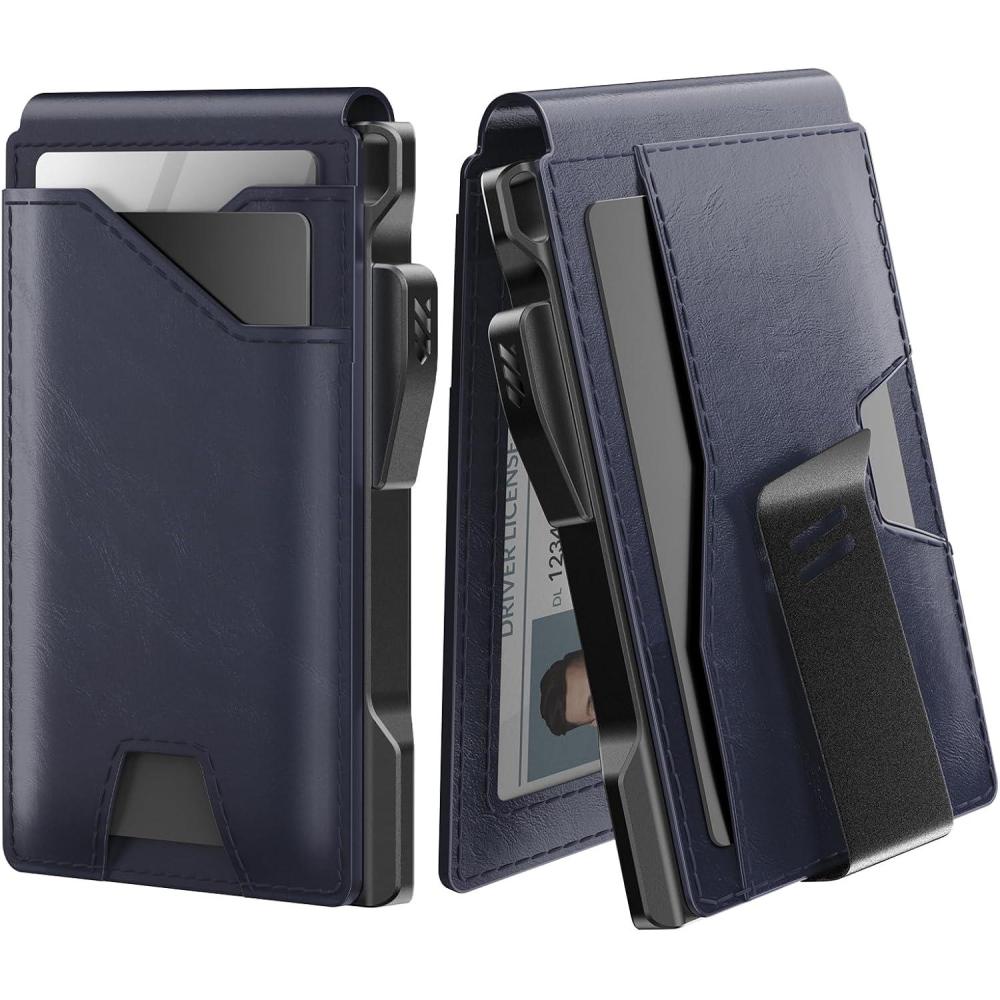 image:imagetypecase Tactical Wallet for Men Card Holder Pop Up Card Case Genuine Leather Smart RFID Blocking Slim Minimalist Thin Front Pocket  913 Card Capacitiy ID Window Money Clip BrownNavy