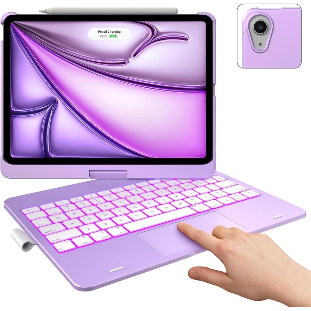 image:imagetypecase Touch Keyboard Case with Trackpad for iPad Air 11inch M3 2025  M2 2024 360Rotatable  11 Colors Backlight  Wireless Keyboard with Pencil Holder for iPad Air 5th amp 4th GenSpace GrayPurpleLilac