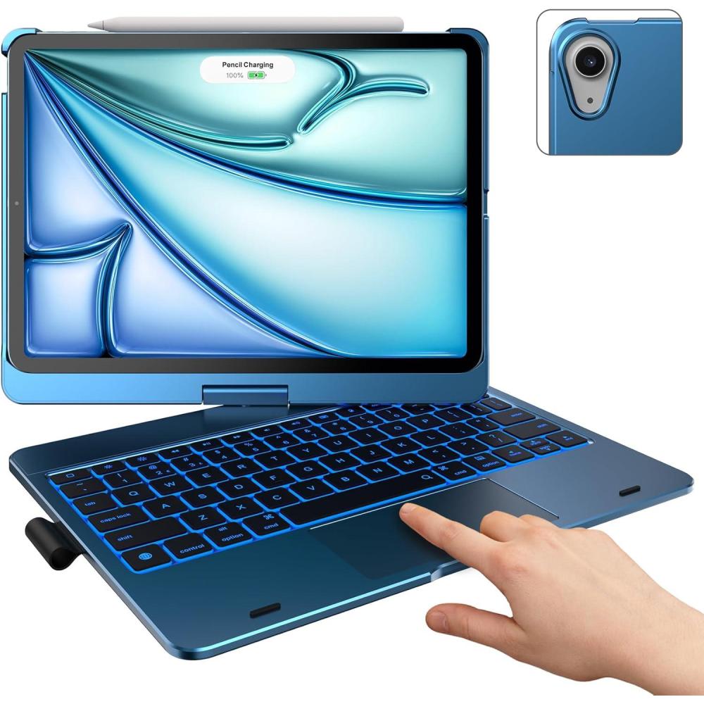 image:imagetypecase Touch Keyboard Case with Trackpad for iPad Air 11inch M3 2025  M2 2024 360Rotatable  11 Colors Backlight  Wireless Keyboard with Pencil Holder for iPad Air 5th amp 4th GenSpace GrayPacific Blue
