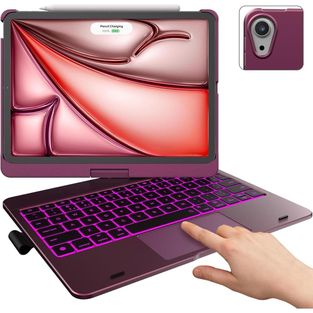 image:imagetypecase Touch Keyboard Case with Trackpad for iPad Air 11inch M3 2025  M2 2024 360Rotatable  11 Colors Backlight  Wireless Keyboard with Pencil Holder for iPad Air 5th amp 4th GenSpace GrayRaspberry