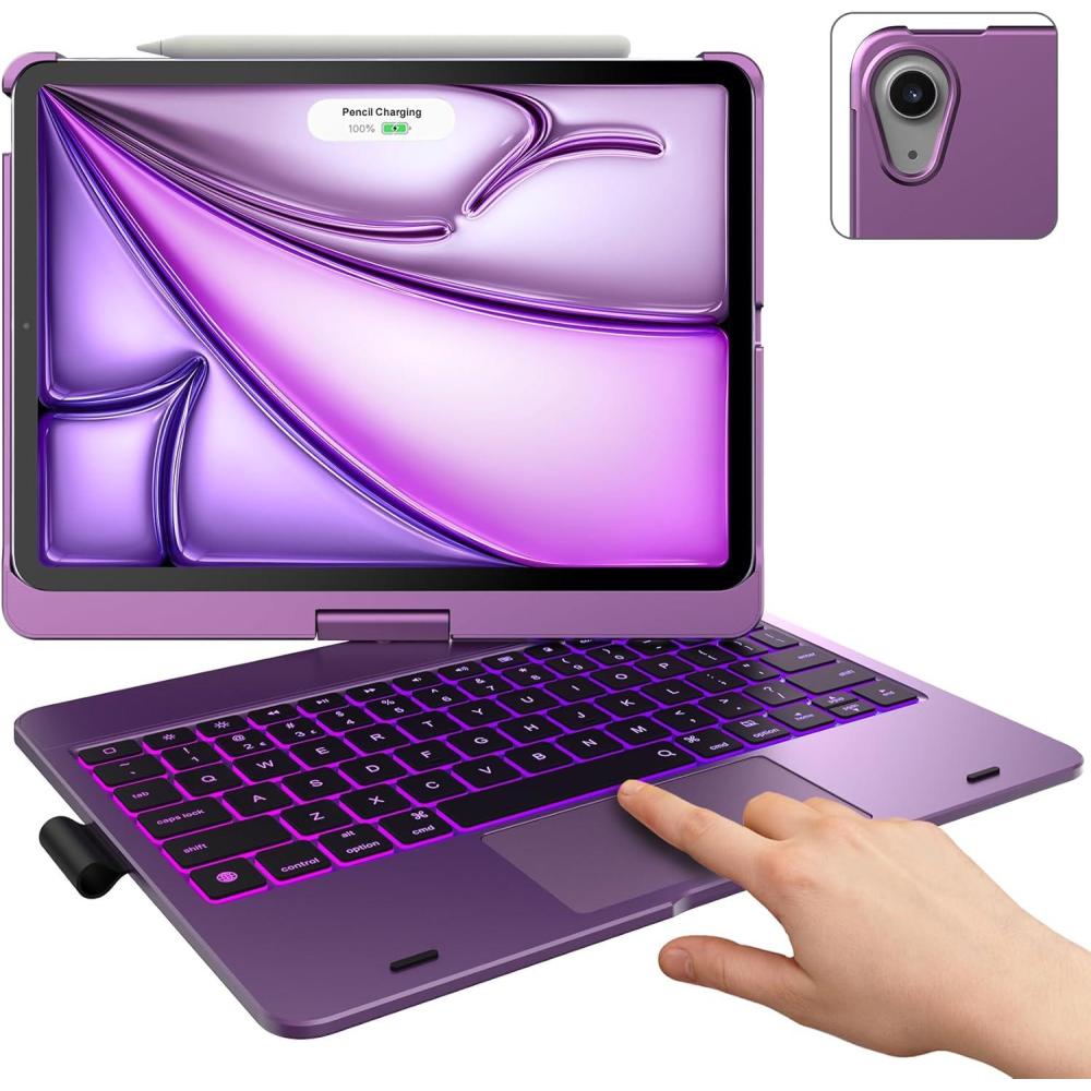 image:imagetypecase Touch Keyboard Case with Trackpad for iPad Air 11inch M3 2025  M2 2024 360Rotatable  11 Colors Backlight  Wireless Keyboard with Pencil Holder for iPad Air 5th amp 4th GenSpace GrayPurple
