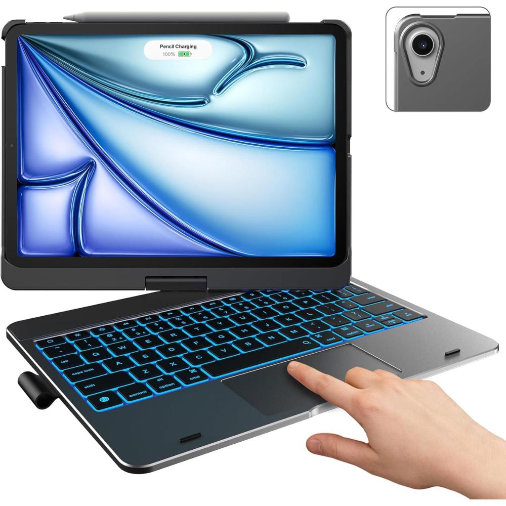 image:imagetypecase Touch Keyboard Case with Trackpad for iPad Air 11inch M3 2025  M2 2024 360Rotatable  11 Colors Backlight  Wireless Keyboard with Pencil Holder for iPad Air 5th amp 4th GenSpace GraySpace Gray