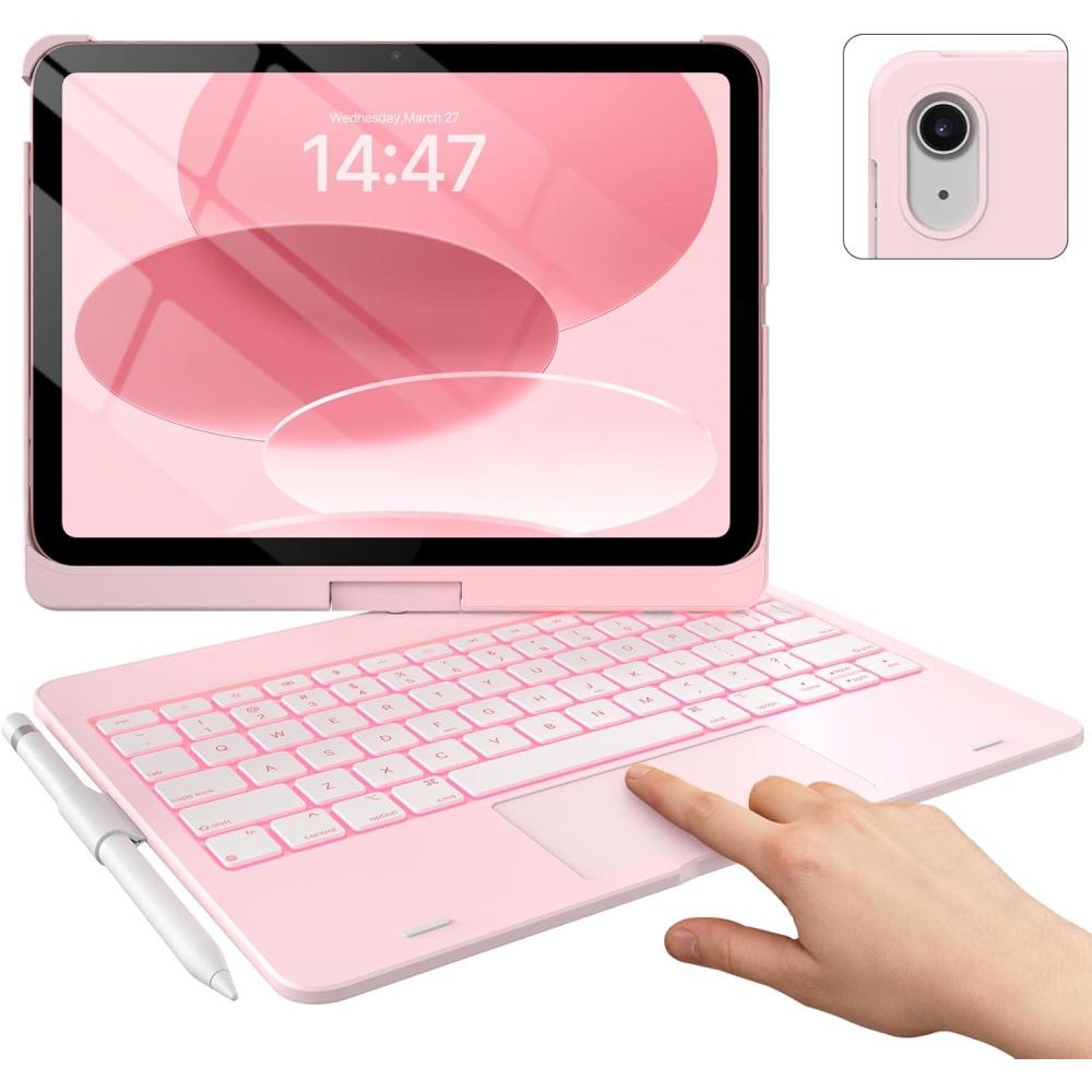image:imagetypecase Touch iPad 11th 10th Generation Case with Keyboard 11 2025 A16 amp 109 2022  360 Rotatable 11Color Backlit MultiTouch Trackpad Pencil Holder Thin amp Light  BlackLight Pink