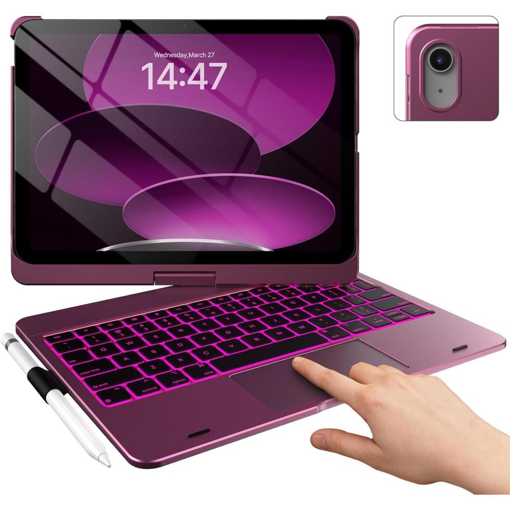 image:imagetypecase Touch iPad 11th 10th Generation Case with Keyboard 11 2025 A16 amp 109 2022  360 Rotatable 11Color Backlit MultiTouch Trackpad Pencil Holder Thin amp Light  BlackRaspberry