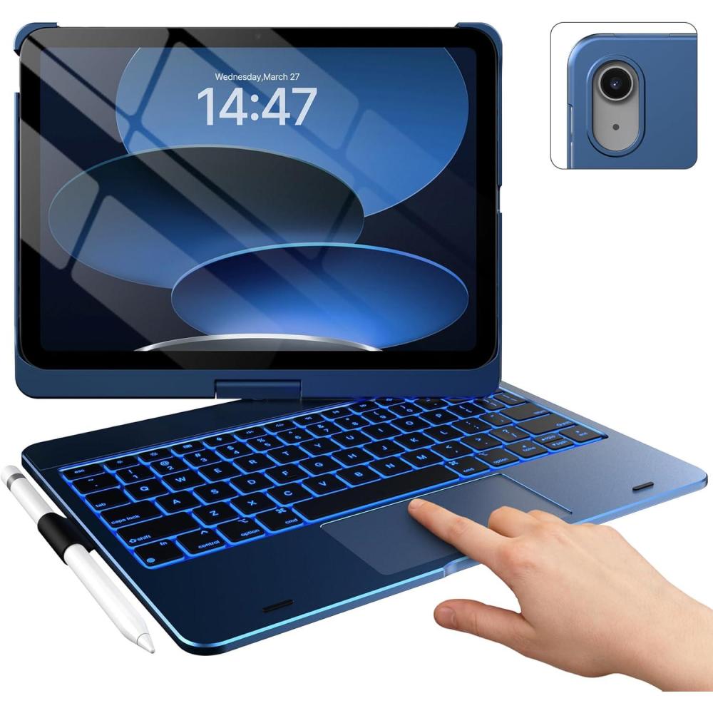 image:imagetypecase Touch iPad 11th 10th Generation Case with Keyboard 11 2025 A16 amp 109 2022  360 Rotatable 11Color Backlit MultiTouch Trackpad Pencil Holder Thin amp Light  BlackMidnight Blue