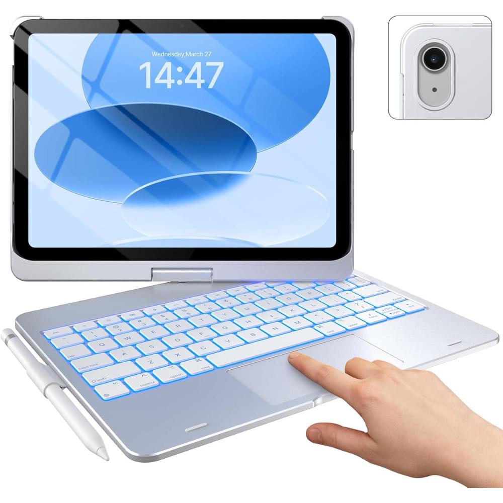 image:imagetypecase Touch iPad 11th 10th Generation Case with Keyboard 11 2025 A16 amp 109 2022  360 Rotatable 11Color Backlit MultiTouch Trackpad Pencil Holder Thin amp Light  BlackSilver