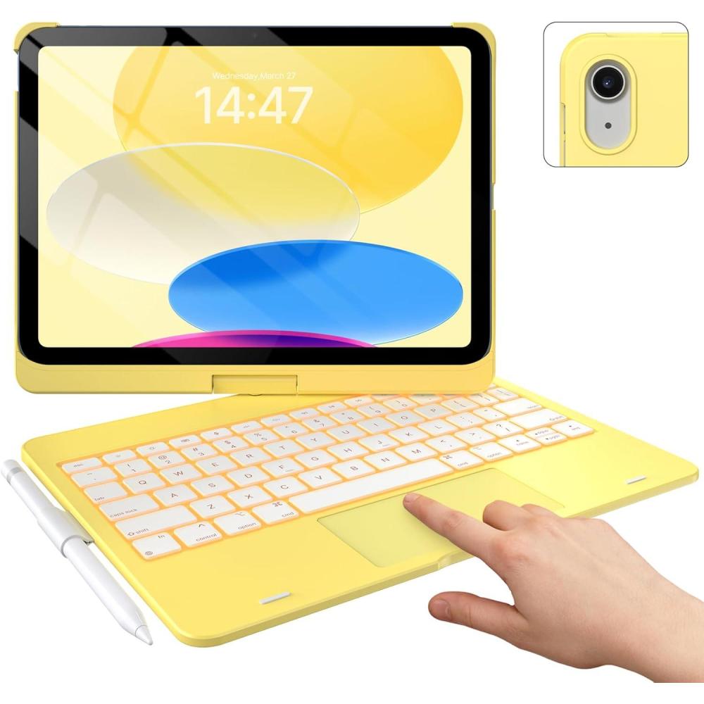 image:imagetypecase Touch iPad 11th 10th Generation Case with Keyboard 11 2025 A16 amp 109 2022  360 Rotatable 11Color Backlit MultiTouch Trackpad Pencil Holder Thin amp Light  BlackYellow