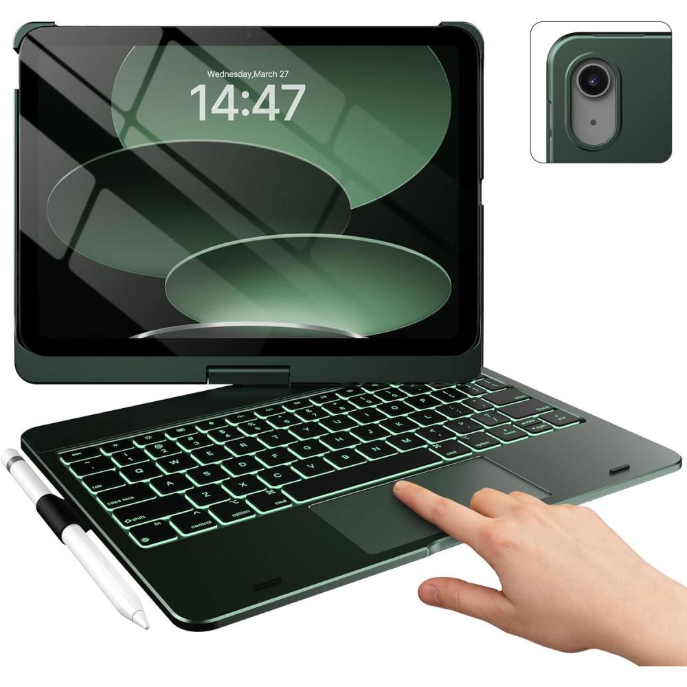 image:imagetypecase Touch iPad 11th 10th Generation Case with Keyboard 11 2025 A16 amp 109 2022  360 Rotatable 11Color Backlit MultiTouch Trackpad Pencil Holder Thin amp Light  Black Dark Midnight Green