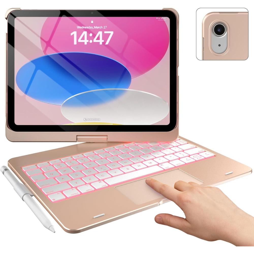 image:imagetypecase Touch iPad 11th 10th Generation Case with Keyboard 11 2025 A16 amp 109 2022  360 Rotatable 11Color Backlit MultiTouch Trackpad Pencil Holder Thin amp Light  BlackRose Gold