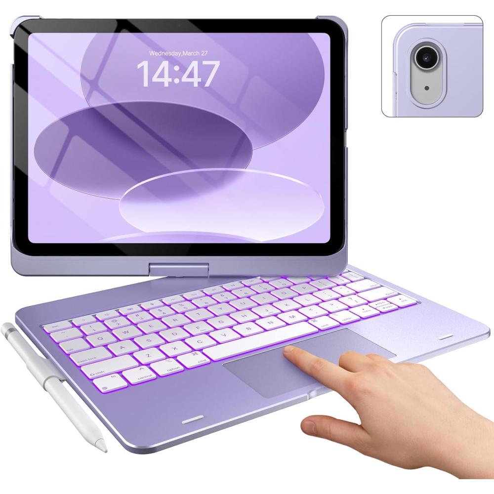 image:imagetypecase Touch iPad 11th 10th Generation Case with Keyboard 11 2025 A16 amp 109 2022  360 Rotatable 11Color Backlit MultiTouch Trackpad Pencil Holder Thin amp Light  Black Light Purple
