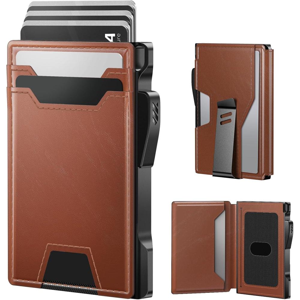 image:imagetypecase Wallet for Men Rfid Blocking Wallet 913 Card Capacity with Money Clip Slim Leather Front Pocket Smart Pop Up Card Case Bifold Minimalist Wallet with Gift Box  Atlanta BlackLight Brown