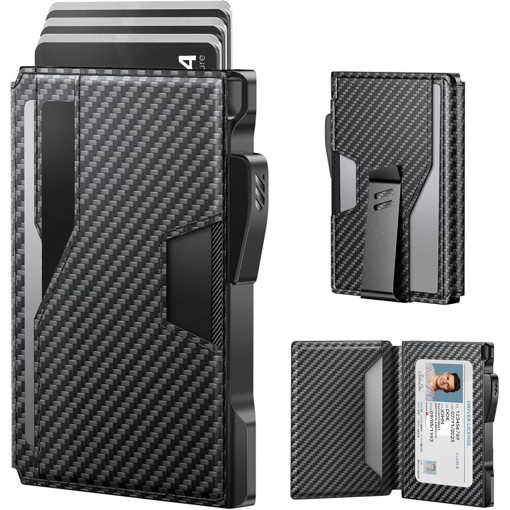 image:imagetypecase Wallet for Men Rfidblocking with Money Clip Slim Leather Bifold ID Window Smart Pop Up Card Case Front Pocket Wallet with Gift Box Carbon Fiber BlackCarbon Fiber Black