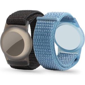 Airtag Wristband Kids(2 Pack), Nylon Air tag Bracelet for Kids Compatible with Apple Air tag, Air tags Protective Cover with Strap Holder Lightweight Elastic Watch Band for Elders(Black & Blue)(Black & Blue)