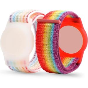 Airtag Wristband Kids(2 Pack), Nylon Air tag Bracelet for Kids Compatible with Apple Air tag, Air tags Protective Cover with Strap Holder Lightweight Elastic Watch Band for Elders(Black & Blue)(Rainbow)