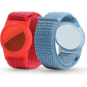 Airtag Wristband Kids(2 Pack), Nylon Air tag Bracelet for Kids Compatible with Apple Air tag, Air tags Protective Cover with Strap Holder Lightweight Elastic Watch Band for Elders(Black & Blue)(Red/Blue)