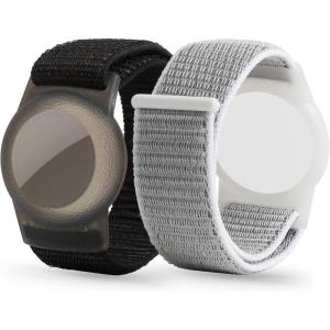 Airtag Wristband Kids(2 Pack), Nylon Air tag Bracelet for Kids Compatible with Apple Air tag, Air tags Protective Cover with Strap Holder Lightweight Elastic Watch Band for Elders(Black & Blue)(Black/Seashell)
